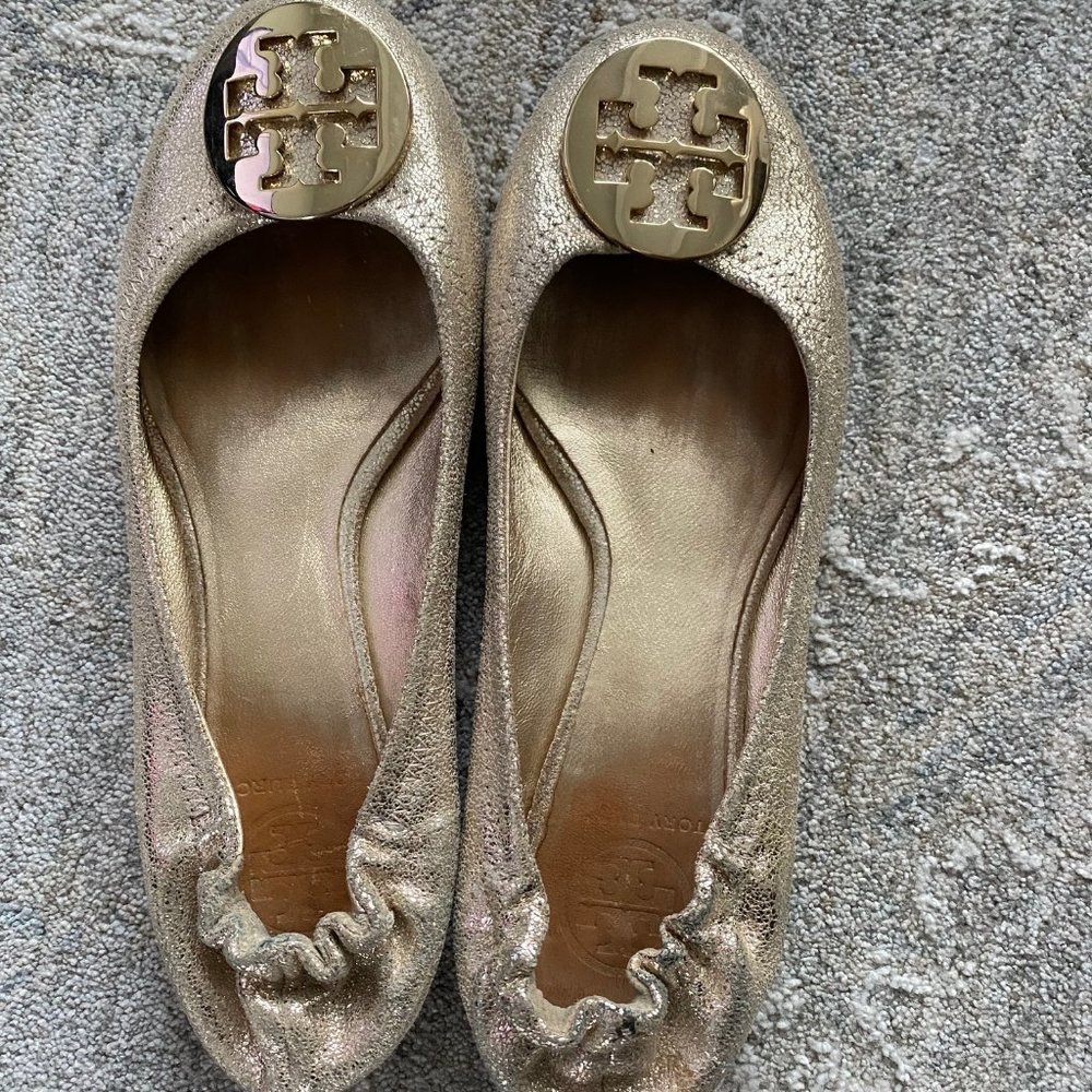 Tory Burch Metallic Gold Logo Ballet Flats